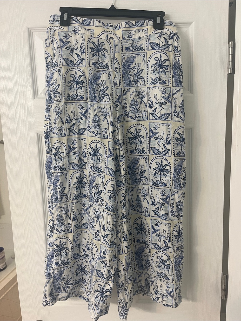 Blue and White Tile-Print Flowy Linen Pants